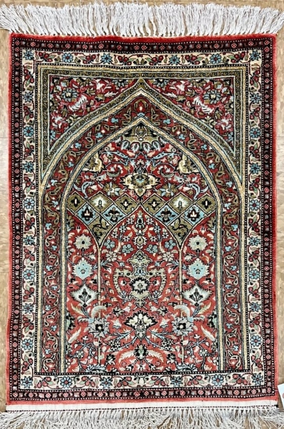 Hand-Knotted Persian Qum 100% Silk Semi-Antique Islamic Prayer Oriental Rug 2'2"X2'10" - 7