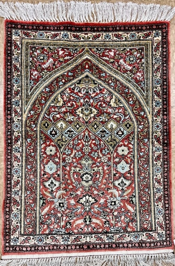 Hand-Knotted Persian Qum 100% Silk Semi-Antique Islamic Prayer Oriental Rug 2'2"X2'10" - 8