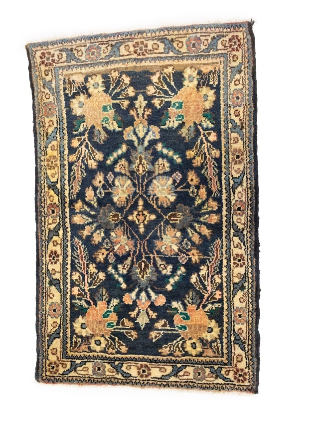 Vintage Muted Floral Tribal 2'4X3'8 Hamedan Persian Rug: Title: Vintage Muted Floral Tribal 2'4X3'8 Hamedan Persian RugDescription:Handmade Vintage 2'4X3'8 purple-navy Persian rug made with vegetable dyes (fine wool pile and cotton foundation), superior