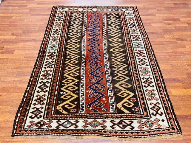 Antique Strip design Kazak Caucasian rug-1475: Title:Antique Strip design Kazak Caucasian rug-1475Description:Beautiful antique Kazak Caucasian rug from southwest ,size 4 ft. 5 inches by 6 ft. 7 inches, circa 1900, eXcellent condition with good