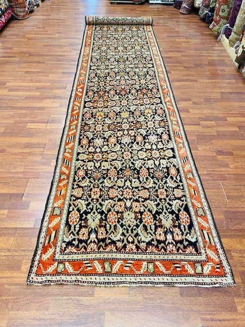 Antique Long Karabagh Caucasian Runner, 2453: Title:Antique Long Karabagh Caucasian Runner, 2453Description:An antique Karabagh Caucasian runner,from south caucasian, with a Herati deisn on black field, size 3 ft. 6 inches by 18 ft. 2 inches,