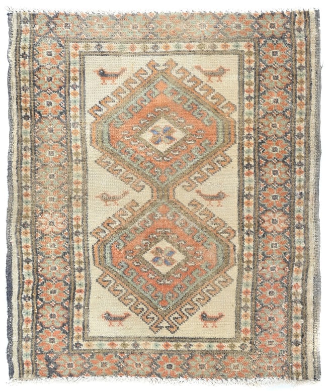 Semi Antique Muted Cream Floral 2X2 Distressed Oriental Square Rug: Title: Semi Antique Muted Cream Floral 2X2 Distressed Oriental Square RugDescription:Hand-knotted semi-antique rug crafted in Vintage Oriental designTraditional floral pattern suited for classic or