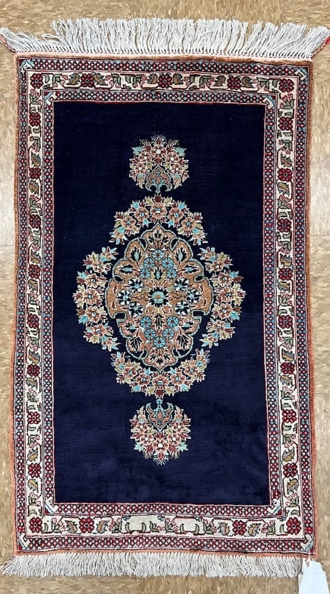 Hand-Knotted Persian Qum Semi-Antique 100% Silk Navy Ivory Rug 1'11" X 3'3" - 2