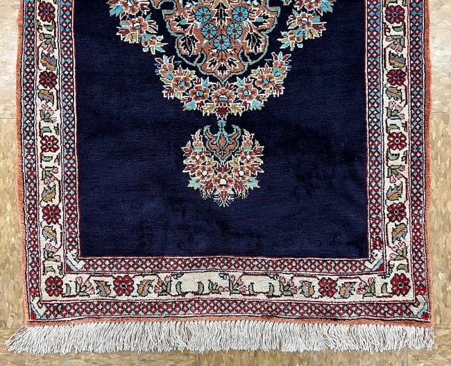 Hand-Knotted Persian Qum Semi-Antique 100% Silk Navy Ivory Rug 1'11" X 3'3" - 3