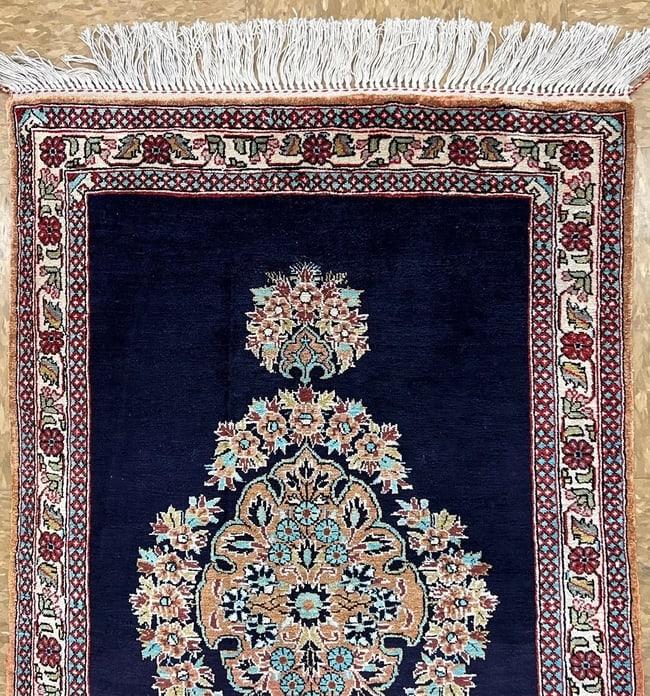 Hand-Knotted Persian Qum Semi-Antique 100% Silk Navy Ivory Rug 1'11" X 3'3" - 5