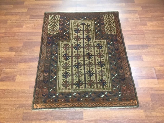 Antique persian Prayer Bach rug-2856: Title:Antique persian Prayer Bach rug-2856 Description:Antique persian Prayer baluch from northeast Persia, size 2ft. 10 inches by 3 ft. 8 inches, circa late 19th century,on dark gold field, eXcellent
