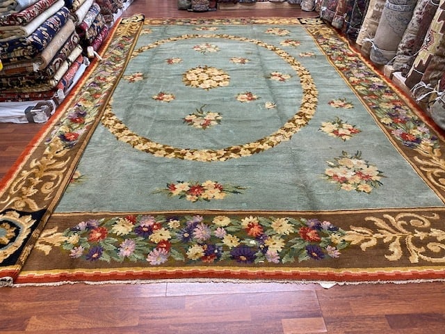 Antique Large size European Sevaneari Rug-3384: Title:Antique Large size European Sevaneari Rug-3384Description:Beautiful antique European Sevaneari, from central Europe, size 12 ft. 4 inchees by 16 ft. 3 inches, circa 1910, oval medallion