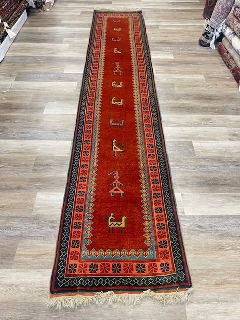 Vintage Tribal Turkish Runner: Title:Vintage Tribal Turkish Runner Description:Gorgeous Vintage Turkish Tribal runner from center of Turkey, size 2 ft. 8 inches by 9 ft. 7 inches, circa 1990 in eXcellent condition with all original