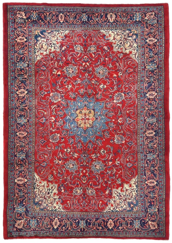 Vintage Red Floral Traditional 7X10 Mahal Persian Rug: Title: Vintage Red Floral Traditional 7X10 Mahal Persian Rug Description:Handmade vintage 7X10 red Persian rug made with vegetable dyes (fine wool pile and cotton foundation), superior knot count, and