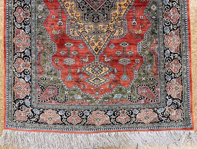 Hand-Knotted Persian Qum 100% Silk Birds Rust Geometric Semi-Antique Oriental Area Rug 3'4" X 5'1" - 2