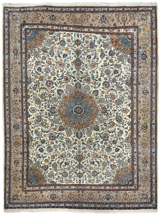 Vintage Cream Traditional 10X13 Kashmar Persian Rug: Title: Vintage Cream Traditional 10X13 Kashmar Persian RugDescription:Handmade vintage 10X13 Cream Persian rug made with vegetable dyes (fine wool pile and cotton foundation), superior knot count,