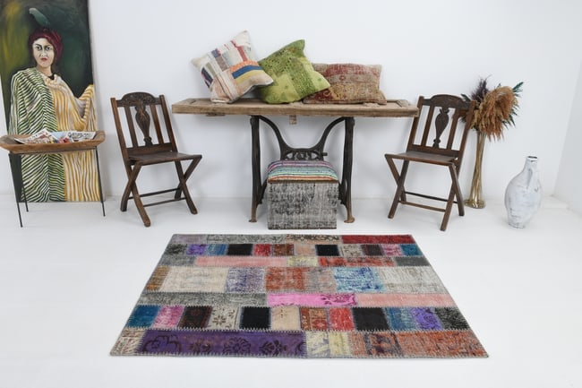 3'10'' X 5'1'' Handmade Vintage Wool Patchwork Rug - 45 - 3