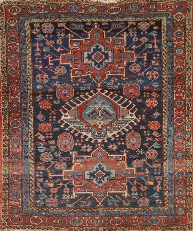 Antique Vegetable Dye Heriz Serapi Persian Accent Rug 4X5: Title:Antique Vegetable Dye Heriz Serapi Persian Accent Rug 4X5Origin:A Beautiful Genuine Iran ( Persia ) Heriz (serapi) rug is Hand Knotted by skillful weavers in Iran ( Persia ) with 100% Wool