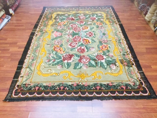 Antique Eastern Euorpe Moldava Kilim Rug-1607: Title:Antique Eastern Euorpe Moldava Kilim Rug-1607Description:Beautiful antique Moldava Kilim from eastern Europe , size 6 ft. 4 inches X 9 ft. 4 inches, circa 1930 with large rose design on black