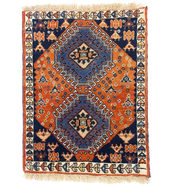 Vintage Tribal Orange 1'9X2'4 Yalameh Persian Rug: Title: Vintage Tribal Orange 1'9X2'4 Yalameh Persian RugDescription:Handmade vintage 1'9X2'4 orange Persian rug made with vegetable dyes (fine wool pile and cotton foundation), superior knot count,