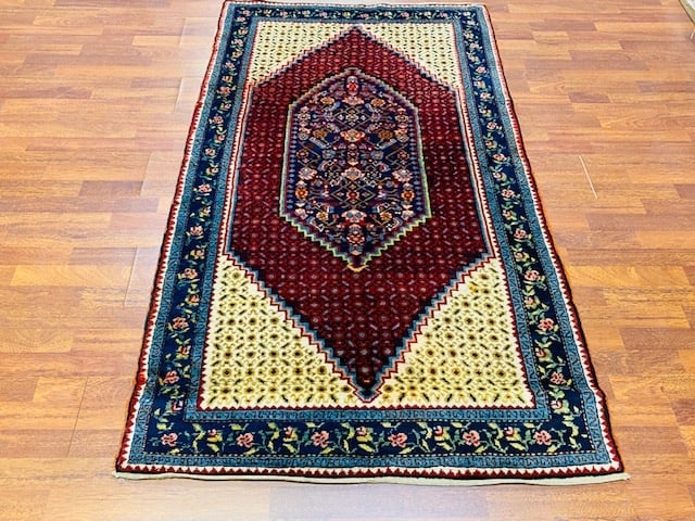 Antique Karabagh Caucasian rug-3017: Title:Antique Karabagh Caucasian rug-3017 Description:An antique Karabagh Caucasian rug from southwest Caucasian , size 3 ft. 8 inches by 6 ft. 3 inches, circa 1930, large bold blue medallion on red f