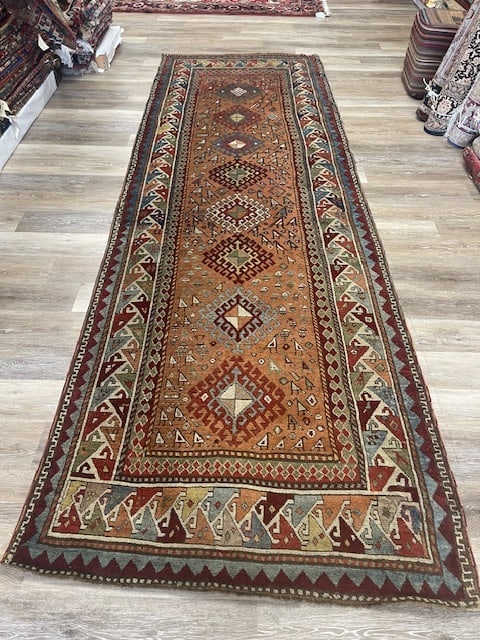 Antique Kazak Caucasian Runner-: Title:Antique Kazak Caucasian Runner- Description:Gorgeous Antique kazak Caucasian Runner from southwest Caucasian, size 3 ft. 9 inches by 12 ft, circa late 19th century,with plenty of brids motifs on
