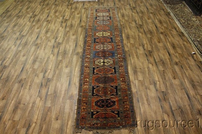 Antique 4X16 Caucasian Russian Runner: Title:Antique 4X16 Caucasian Russian Runner Origin:A Beautiful Genuine Russia Caucasian rug is Hand Knotted by skillful weavers in Russia with 100% Wool Material. This rug is in Very Good (some Fringe