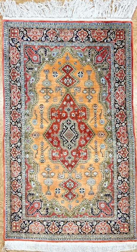Hand-Knotted Persian Qum 100% Silk Semi-Antique Gold Oriental Rug 2'8" X 4'3" (1 of 7)