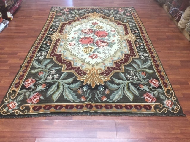 Vintage European Kilim Rug-1615: Title:Vintage European Kilim Rug-1615Description:Beautiful France still floral European Rug from Moldava, East Europe, size 7ft. 3 inches by 11ft. 7 inches, circa 1930, eXcellent condition with all