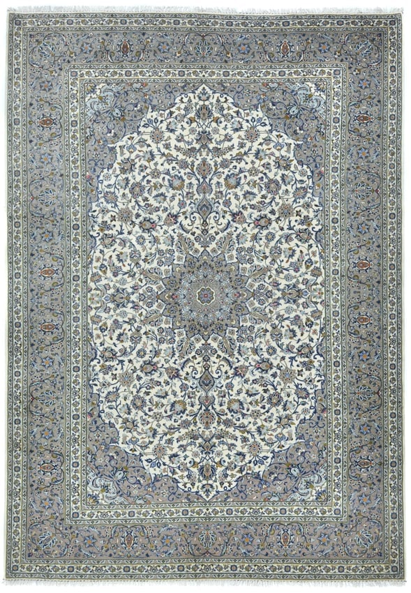 Vintage Cream Traditional Floral 8X11 Kashan Persian Rug: Title: Vintage Cream Traditional Floral 8X11 Kashan Persian RugDescription:Hand-knotted in Persia with traditional craftsmanshipClassic floral design in timeless styleCream, tan, purple-navy, light