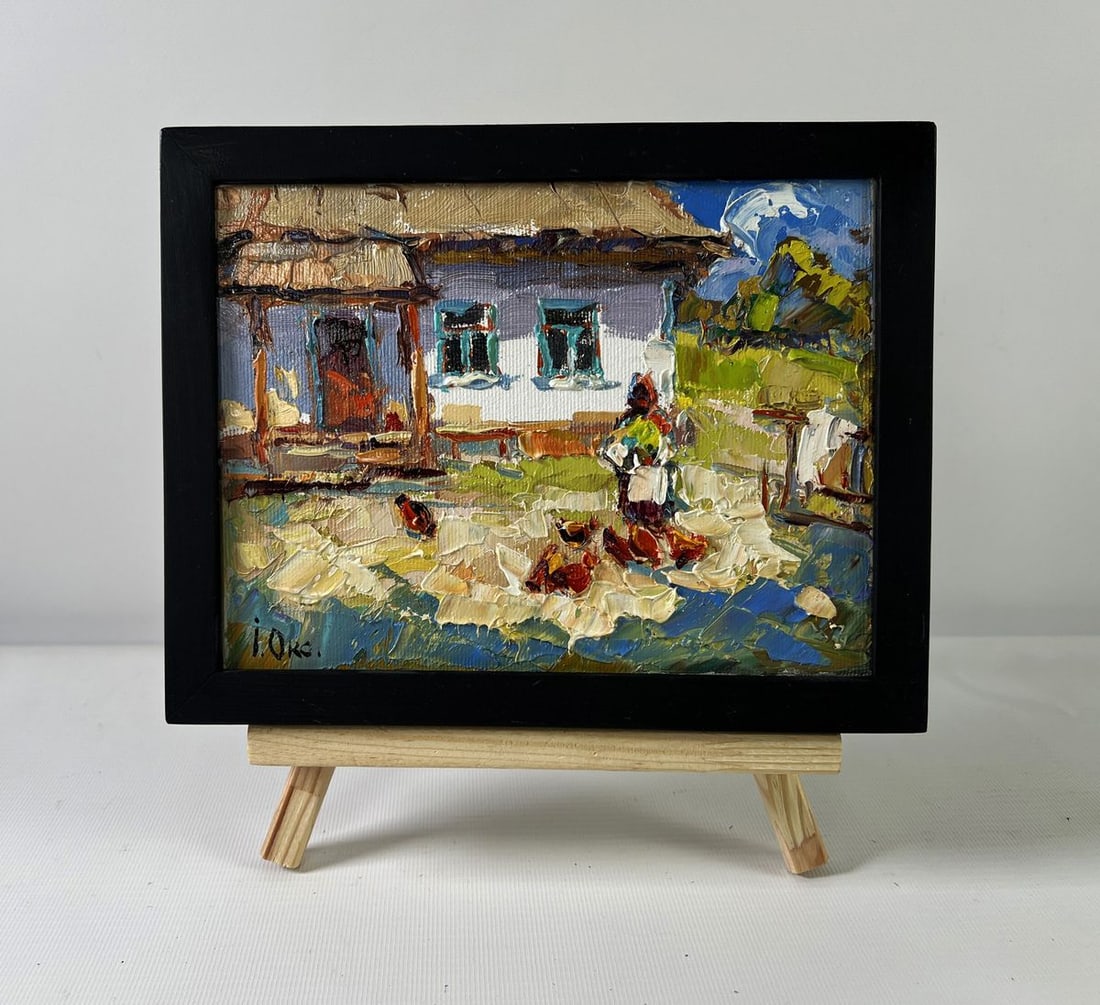 Oil painting Yard in August Oksana Kalenyuk: Title: Oil painting Yard in August Oksana Kalenyuk Description: NoAAA5267 The oil painting on Canvas titled "Yard in August" radiates the warmth, routine, and quiet dignity of rural life in late summe