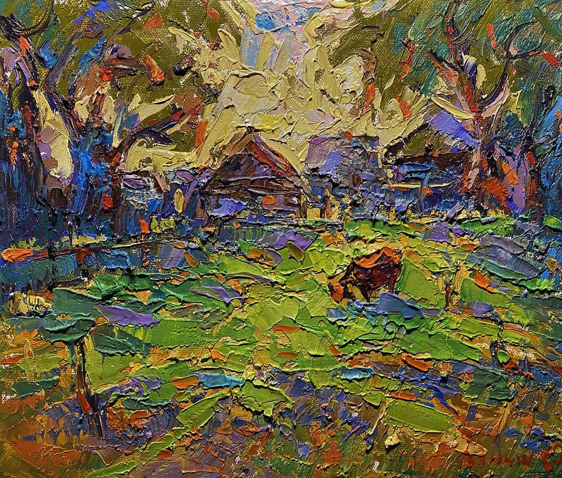 Oil painting On the pasture in the meadows Alex Kalenyuk: Title: Oil painting On the pasture in the meadows Alex Kalenyuk Description: NoKalen 1487 The oil painting on canvas titled "On the Pasture in the Meadows" bursts with life and vibrancy, capturing a v