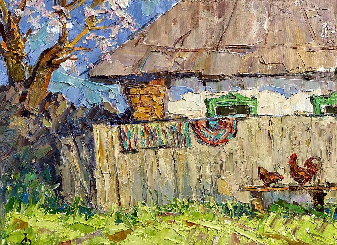 Oil painting Early spring Alex Kalenyuk: Title: Oil painting Early spring Alex Kalenyuk Description: NoKalen 1297 "Early Spring" is a vivid and texturally engaging oil painting that captures the essence of a rustic village scene awakening to