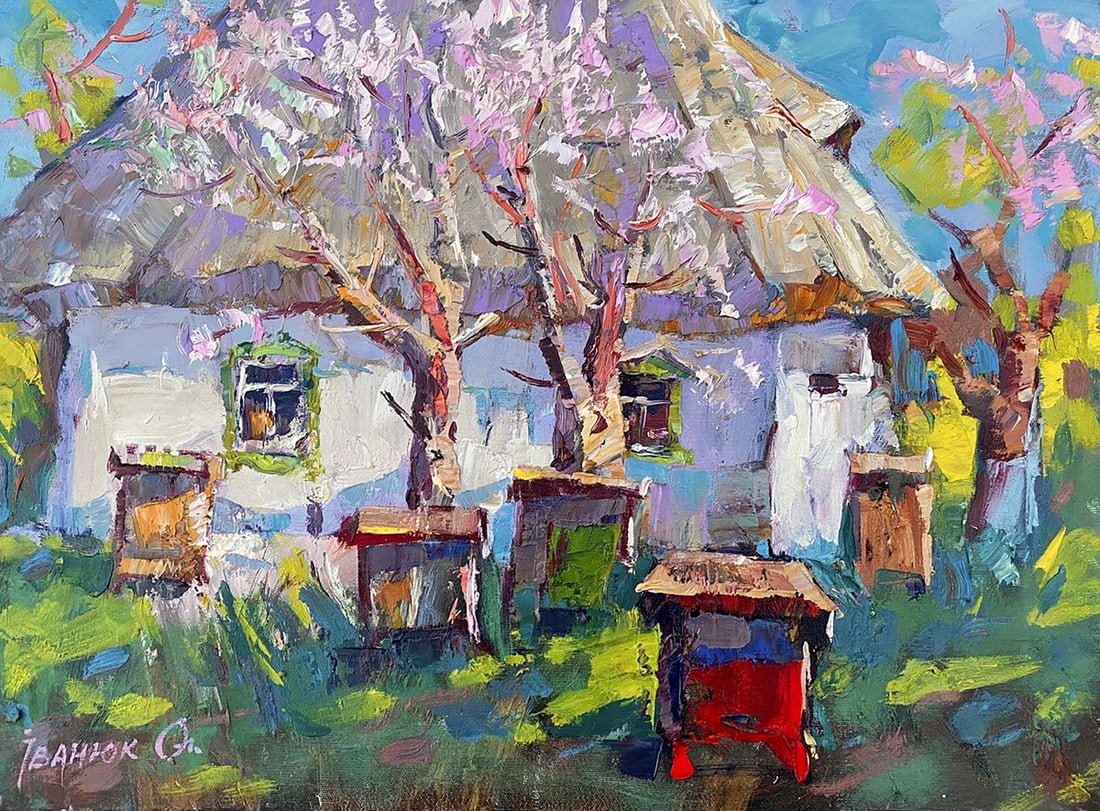 Oil painting Spring came Alex Kalenyuk: Title: Oil painting Spring came Alex Kalenyuk Description: NoKalen 1351 "Spring Came" is a vibrant and uplifting oil painting that beautifully captures the essence of springtime in a rustic setting. T