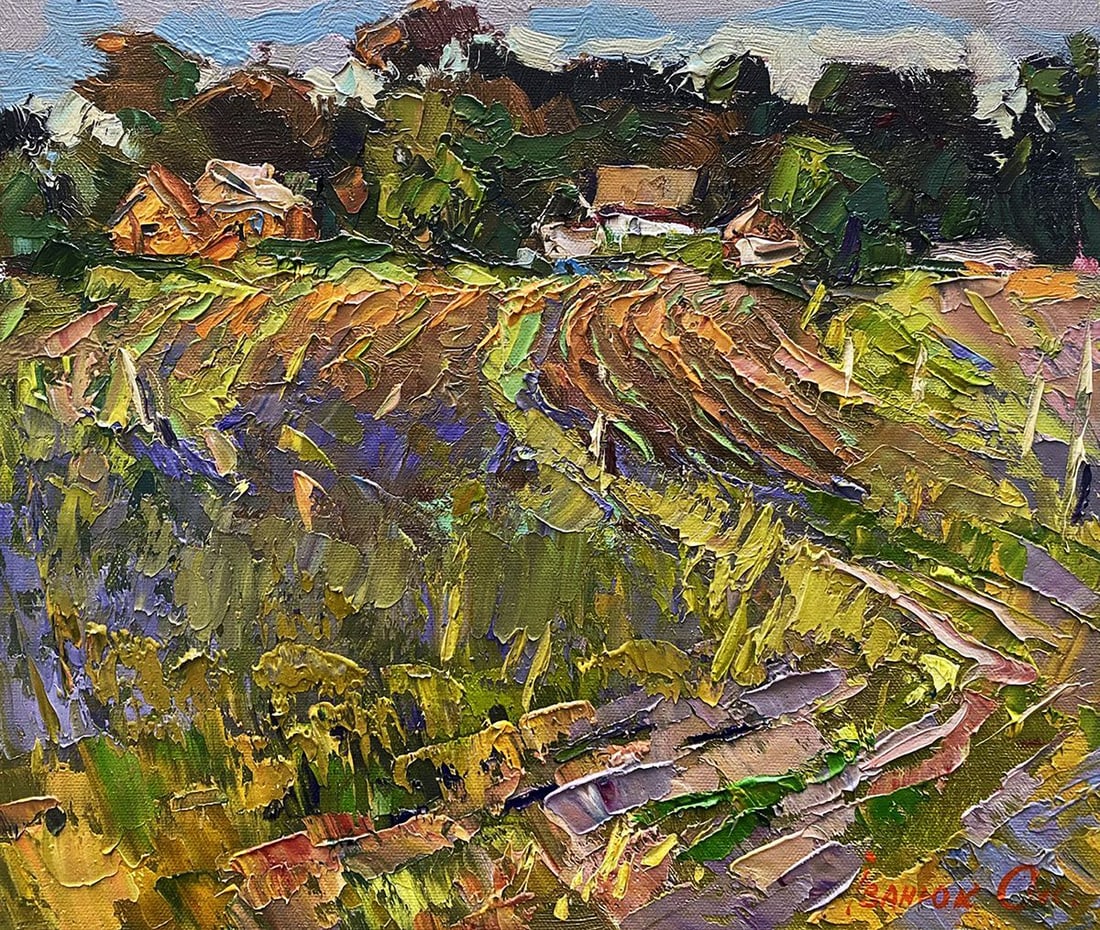 Oil painting The sun is setting Oksana Kalenyuk: Title: Oil painting The sun is setting Oksana Kalenyuk Description: NoKalen 1393 "The Sun is Setting" is a vibrant and textured painting that captures the serene beauty of a rural landscape bathed in