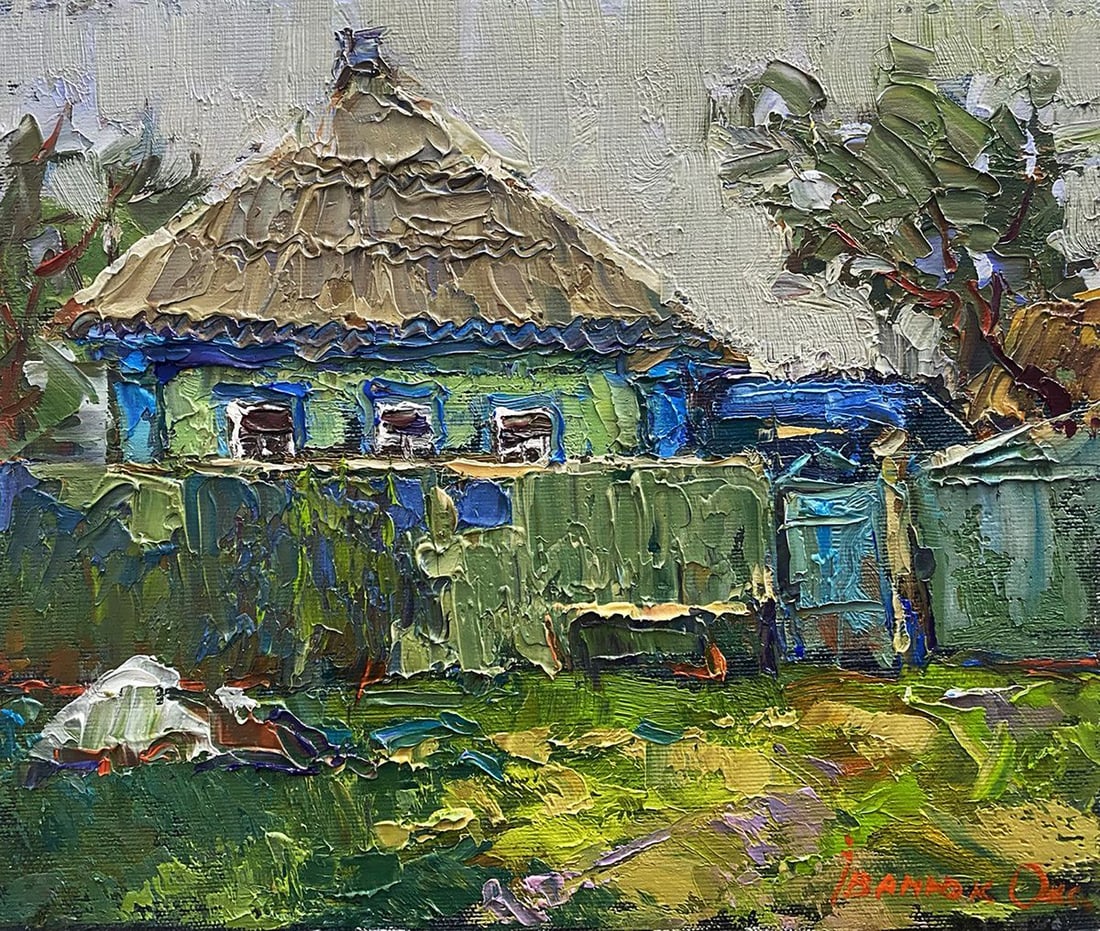Oil painting Quiet evening in the yard Oksana Kalenyuk: Title: Oil painting Quiet evening in the yard Oksana Kalenyuk Description: NoKalen 1396 "Quiet Evening in the Yard" captures the serene and nostalgic ambiance of a rural setting at dusk. The focal poi