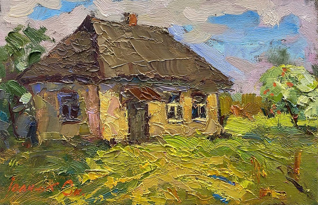 Oil painting Lonely hut Oksana Kalenyuk: Title: Oil painting Lonely hut Oksana Kalenyuk Description: NoKalen 1397 "Lonely Hut" presents a picturesque scene of rural tranquility, capturing the essence of simplicity and solitude. This artwork
