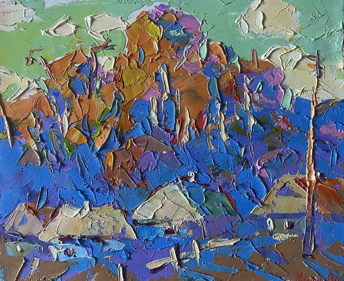 Oil painting Village in the shadow of the forest Alex Kalenyuk: Title: Oil painting Village in the shadow of the forest Alex Kalenyuk Description: NoKalen 1429 The painting "Village in the Shadow of the Forest" presents a captivating scene of a vibrant rural lands