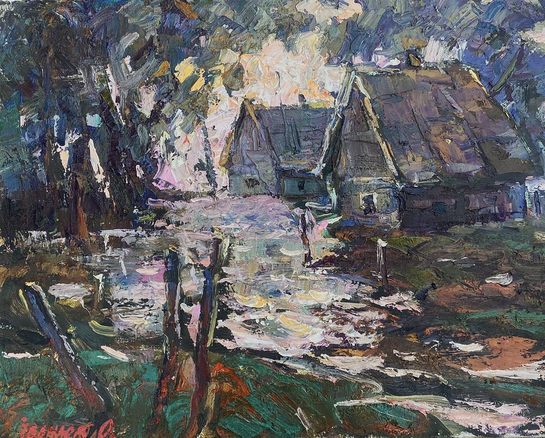 Oil painting Country Night Alex Kalenyuk: Title: Oil painting Country Night Alex Kalenyuk Description: NoKalen 1440 The painting titled "Country Night" depicts a quiet rural scene with traditional village houses nestled under a moody, twiligh