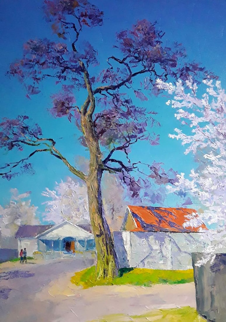 Oil painting Spring in the village Serdyuk Boris Petrovich: Title: Oil painting Spring in the village Serdyuk Boris Petrovich Description: NoSERB 859 The oil painting portrays a charming village scene in springtime, with delicate blossoming trees lining the st