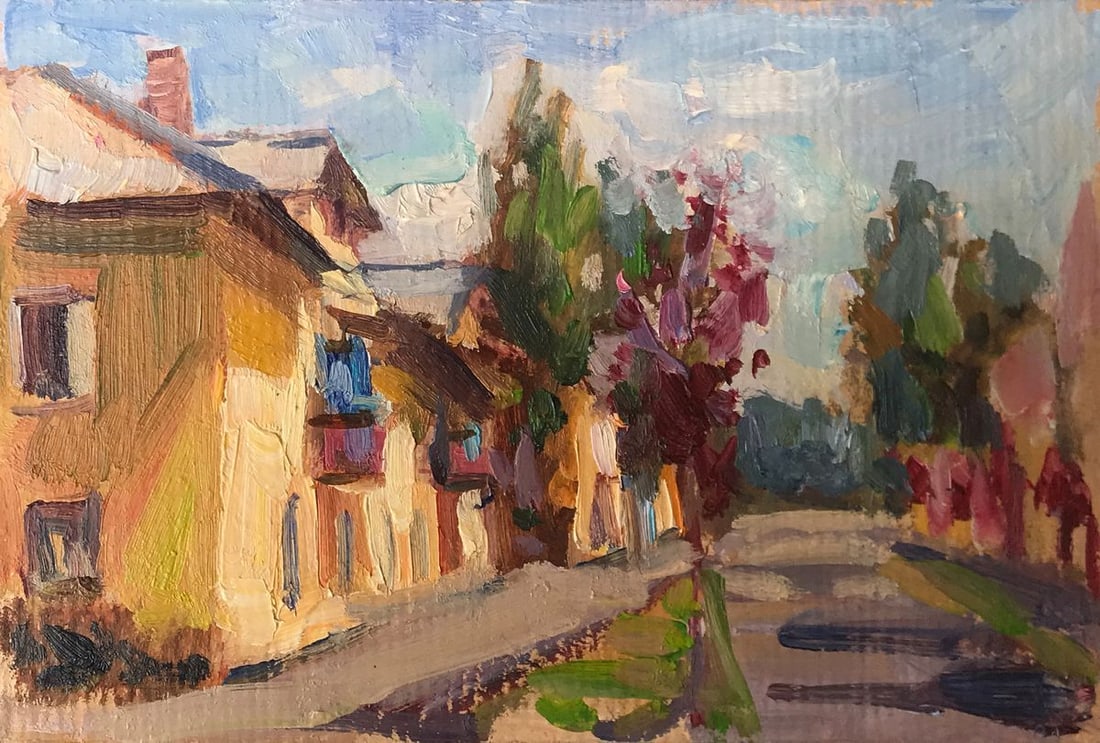 Oil painting City streets Kuzeminsky Nikolay Borisovich: Title: Oil painting City streets Kuzeminsky Nikolay Borisovich Description: NoAAA2038 This oil painting is entitled "City Streets" and it shows a quiet city street scene with green trees and a blue sk