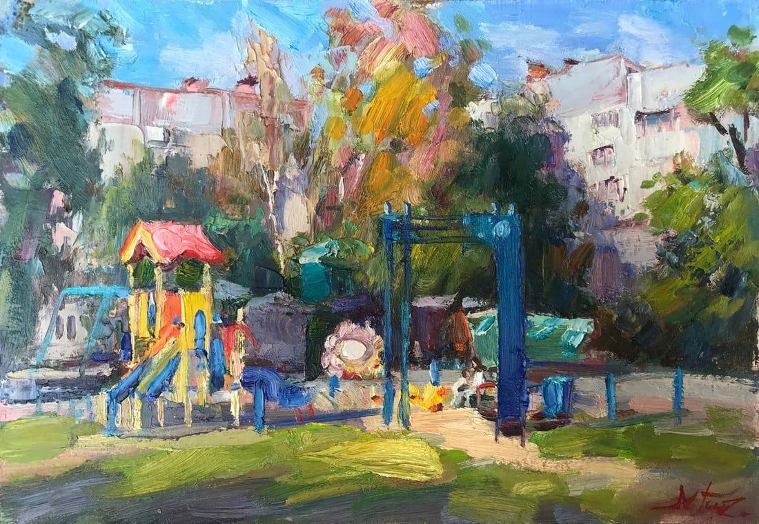 Oil painting Children's playground in the yard Kuzeminsky Nikolay Borisovich: Title: Oil painting Children's playground in the yard Kuzeminsky Nikolay Borisovich Description: NoAAA2055 The oil painting "Oil painting Children's playground in the yard" is a delightful portrayal