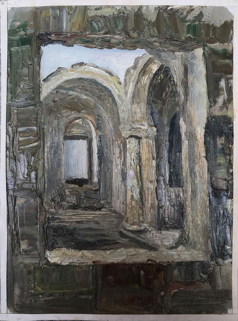 Oil painting Overlooking the streets Ogienko N.: Title: Oil painting Overlooking the streets Ogienko N. Description: NoAAA2070 Take a step back in time with this stunning oil painting, titled "Overlooking the Streets." The painting features ruins of