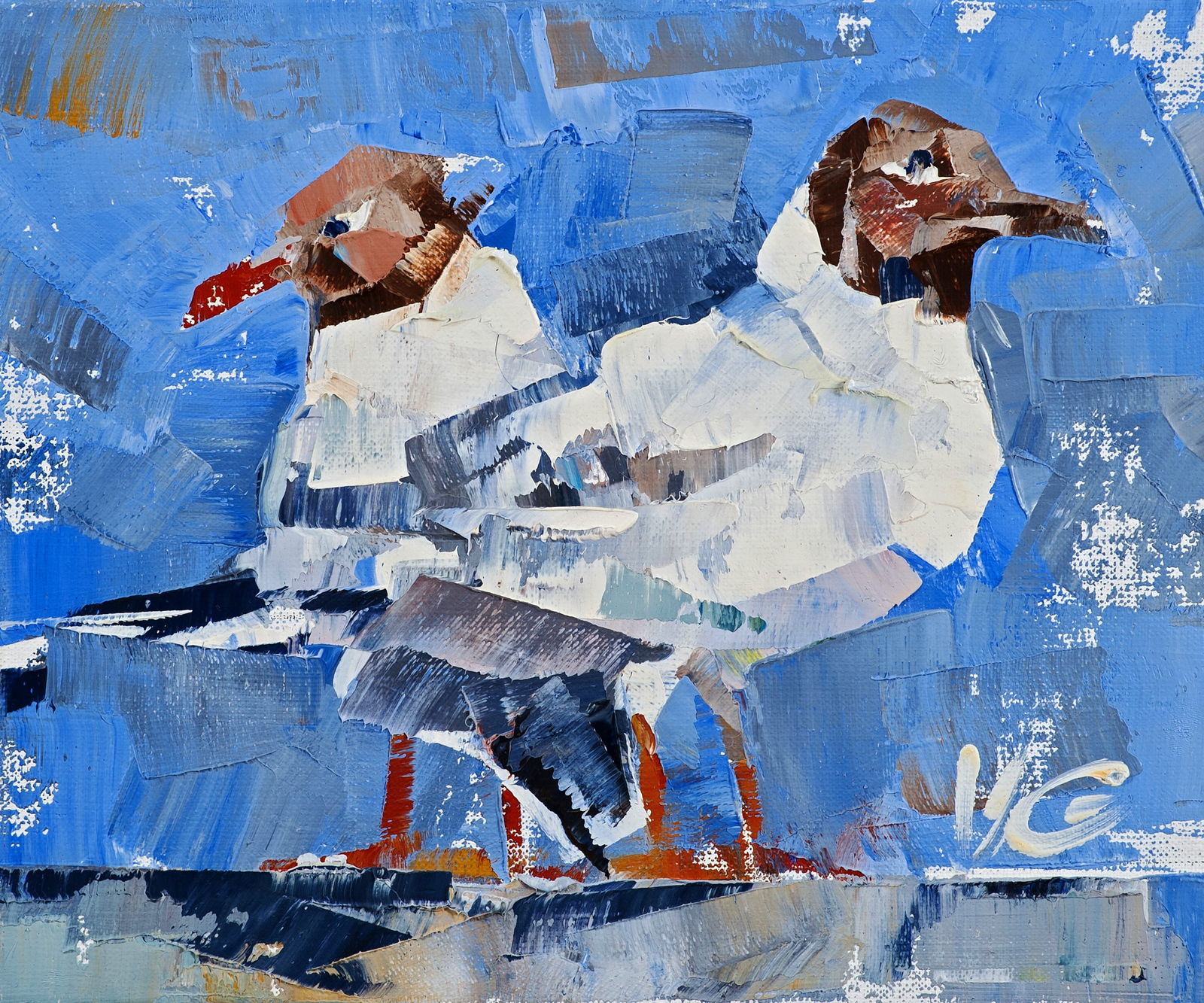 Oil painting Friendly bird walk Volodymyr Gluhomanyuk: Title: Oil painting Friendly bird walk Volodymyr Gluhomanyuk Description: 16GLUX Painter: Volodymyr Gluhomanyuk Size: 25x30 cm/9.84x11.81 inches Components: oil, canvas Original painting - series Bird