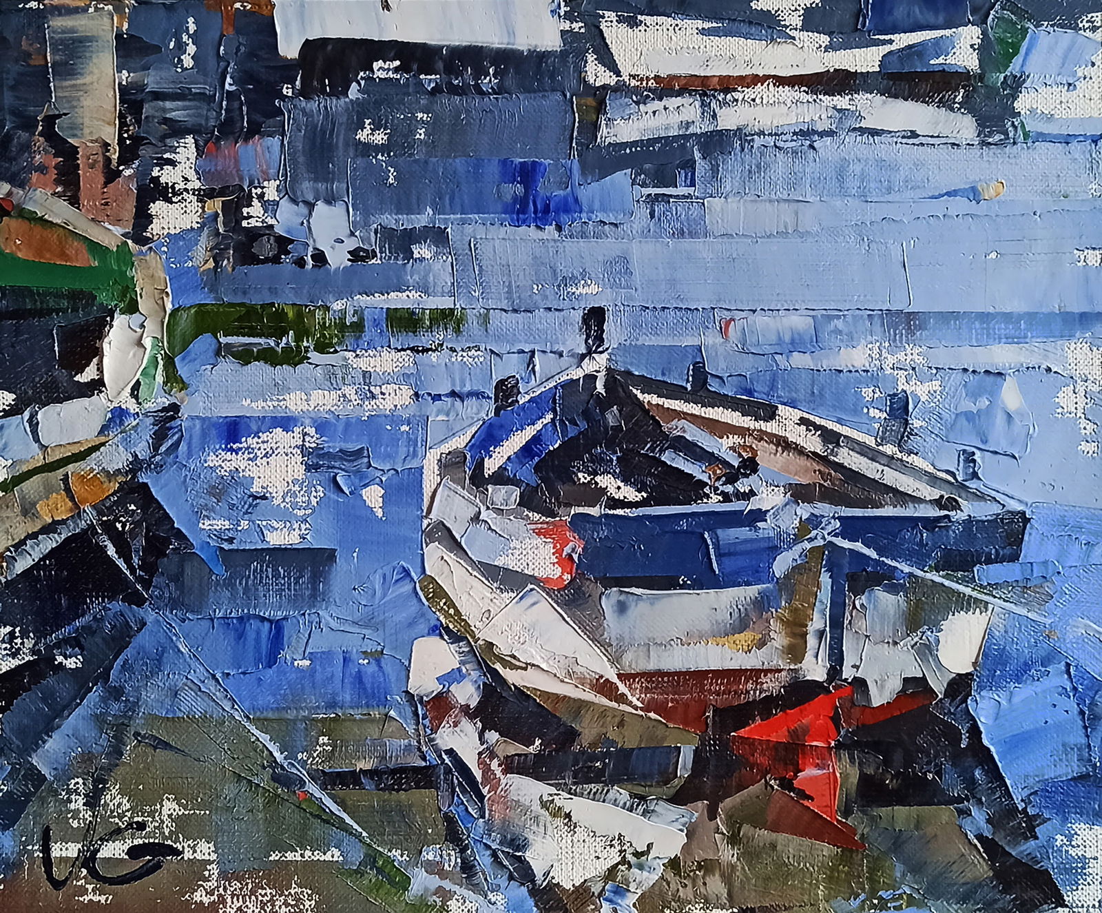 Oil painting Moored boat Volodymyr Gluhomanyuk: Title: Oil painting Moored boat Volodymyr Gluhomanyuk Description: 22GLUX Painter: Volodymyr Gluhomanyuk Size: 25x30 cm/9.84x11.81 inches Components: oil, canvas Original painting - series Fishing boa