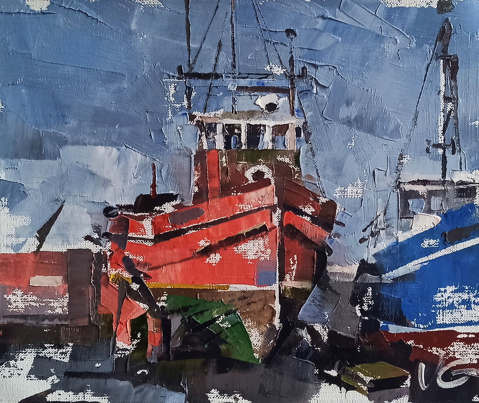 Oil painting Ships in the port Volodymyr Gluhomanyuk: Title: Oil painting Ships in the port Volodymyr Gluhomanyuk Description: 23GLUX Painter: Volodymyr Gluhomanyuk Size: 25x30 cm/9.84x11.81 inches Components: oil, canvas Original painting - series Fishi