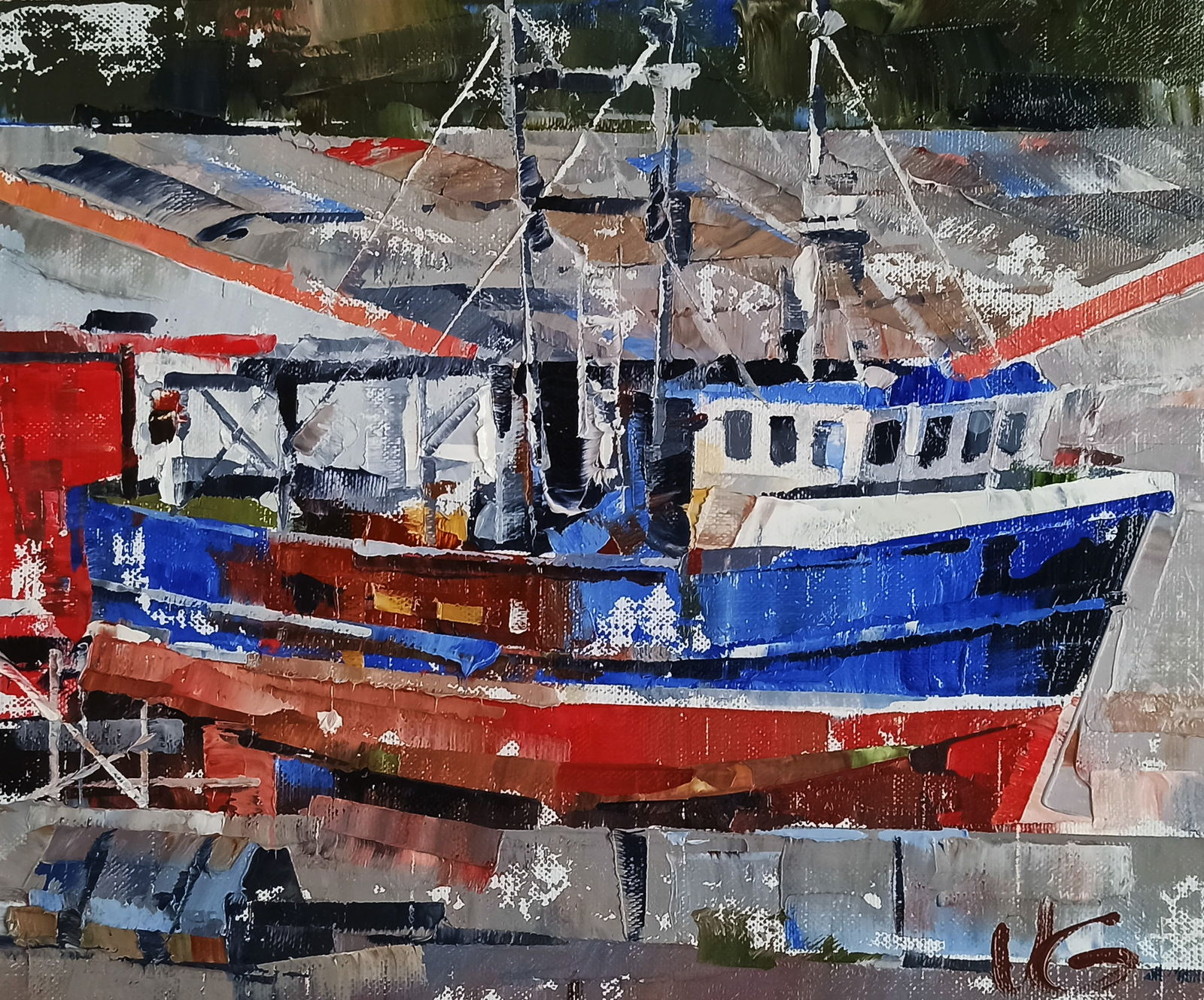 Oil painting Boat in the city port Volodymyr Gluhomanyuk: Title: Oil painting Boat in the city port Volodymyr Gluhomanyuk Description: 26GLUX Painter: Volodymyr Gluhomanyuk Size: 25x30 cm/9.84x11.81 inches Components: oil, canvas Original painting - series F