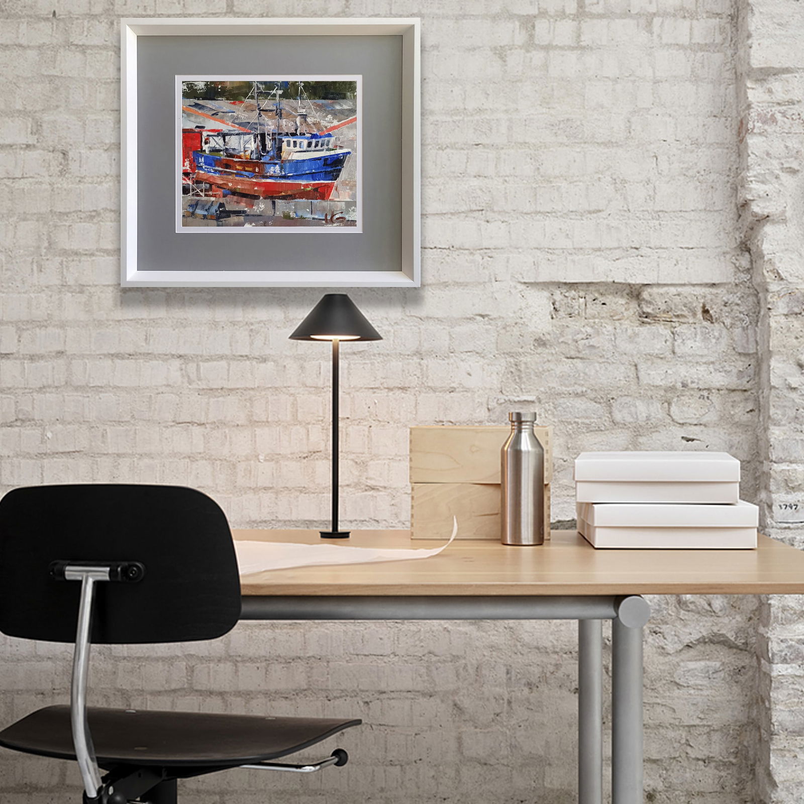 Oil painting Boat in the city port Volodymyr Gluhomanyuk - 3