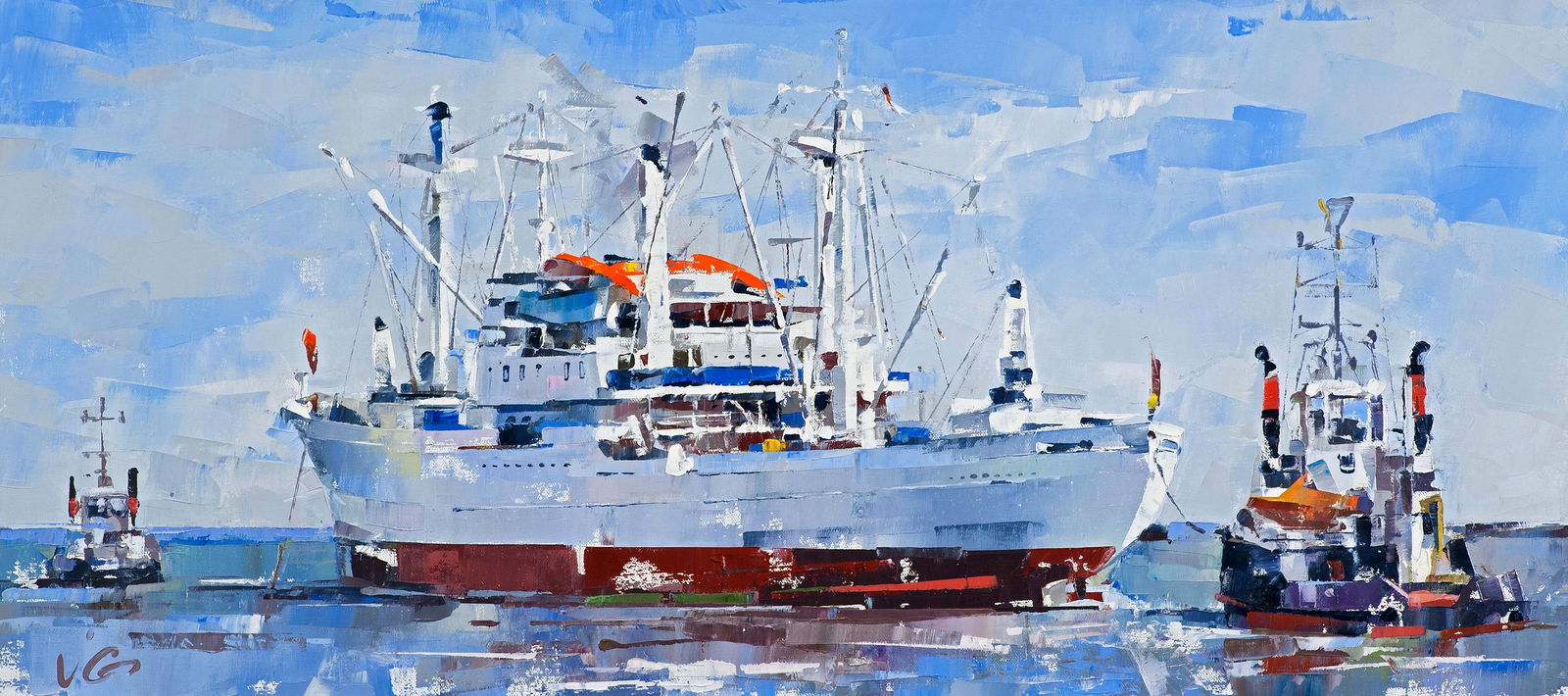 Oil painting Cargo ship Cap San Diego Volodymyr Gluhomanyuk: Title: Oil painting Cargo ship Cap San Diego Volodymyr Gluhomanyuk Description: 31GLUX Painter: Volodymyr Gluhomanyuk Size: 40x90 cm/15.74x35.43 inches Components: oil, canvas Original painting -
