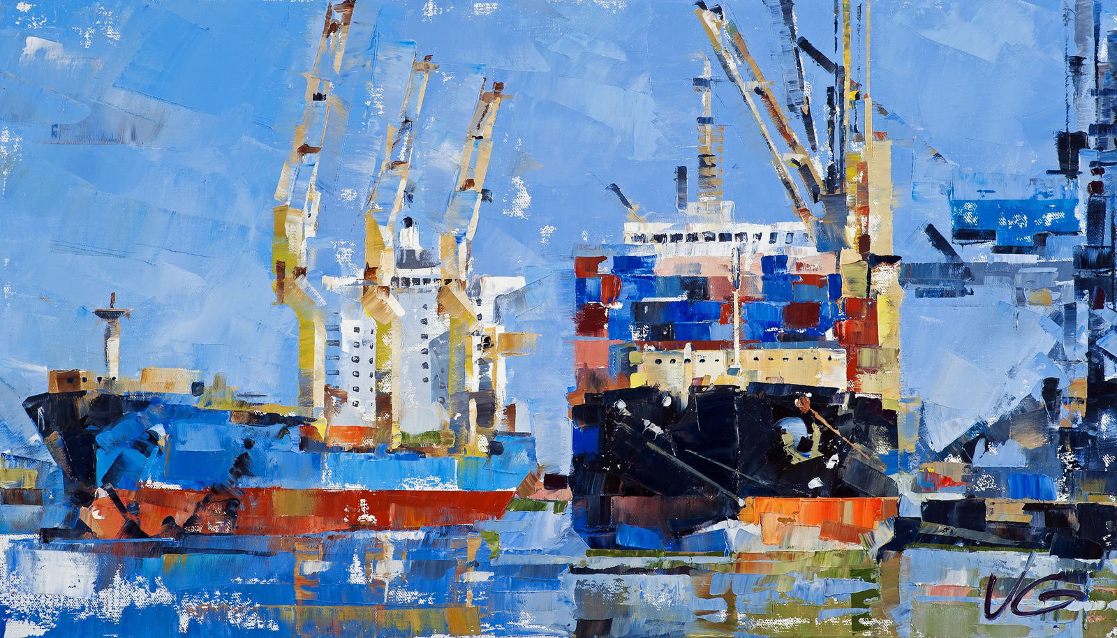 Oil painting Cargo ships Volodymyr Gluhomanyuk: Title: Oil painting Cargo ships Volodymyr Gluhomanyuk Description: 35GLUX Painter: Volodymyr Gluhomanyuk Size: 40x70 cm/15.74x27.55 inches Components: oil, canvas Original painting - series Emden part