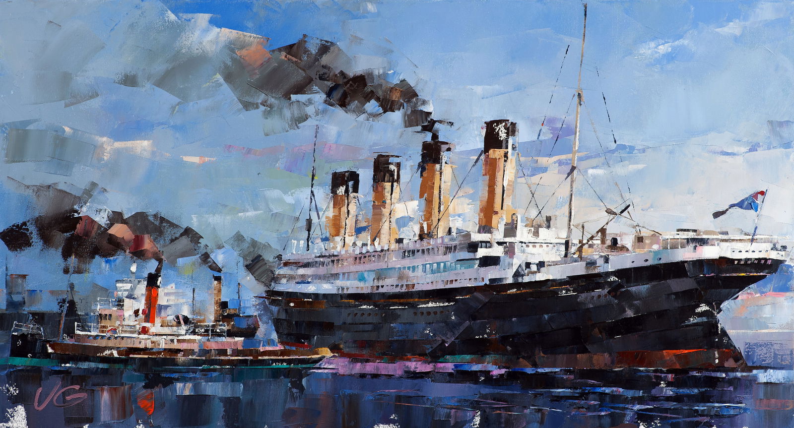 Oil painting Passenger steamship Olympic Volodymyr Gluhomanyuk: Title: Oil painting Passenger steamship Olympic Volodymyr Gluhomanyuk Description: 40GLUX Painter: Volodymyr Gluhomanyuk Size: 60x110 cm/23.62x43.30 inches Components: oil, canvas Original painting -