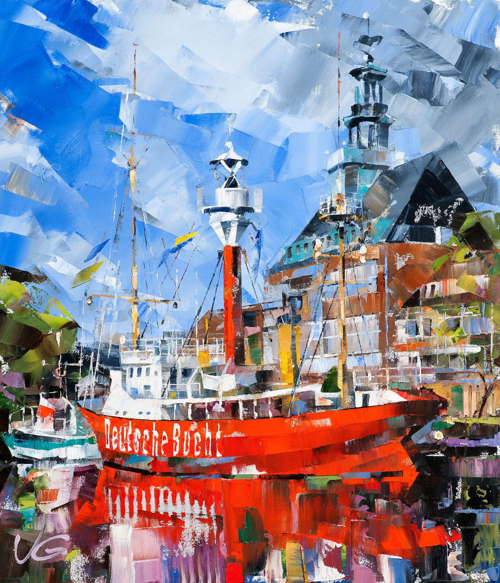 Oil painting Ship lighthouse in the city Volodymyr Gluhomanyuk: Title: Oil painting Ship lighthouse in the city Volodymyr Gluhomanyuk Description: 41GLUX Painter: Volodymyr Gluhomanyuk Size: 70x60 cm/27.55x23.62 inches Components: oil, canvas Original painting - s