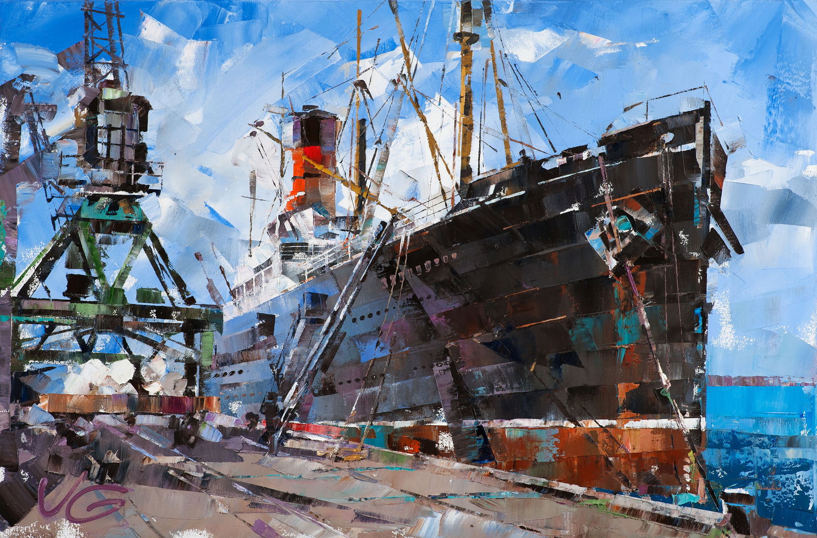 Oil painting Passenger ship in port Volodymyr Gluhomanyuk: Title: Oil painting Passenger ship in port Volodymyr Gluhomanyuk Description: 42GLUX Painter: Volodymyr Gluhomanyuk Size: 60x90 cm/23.62x35.43 inches Components: oil, canvas Original painting - series