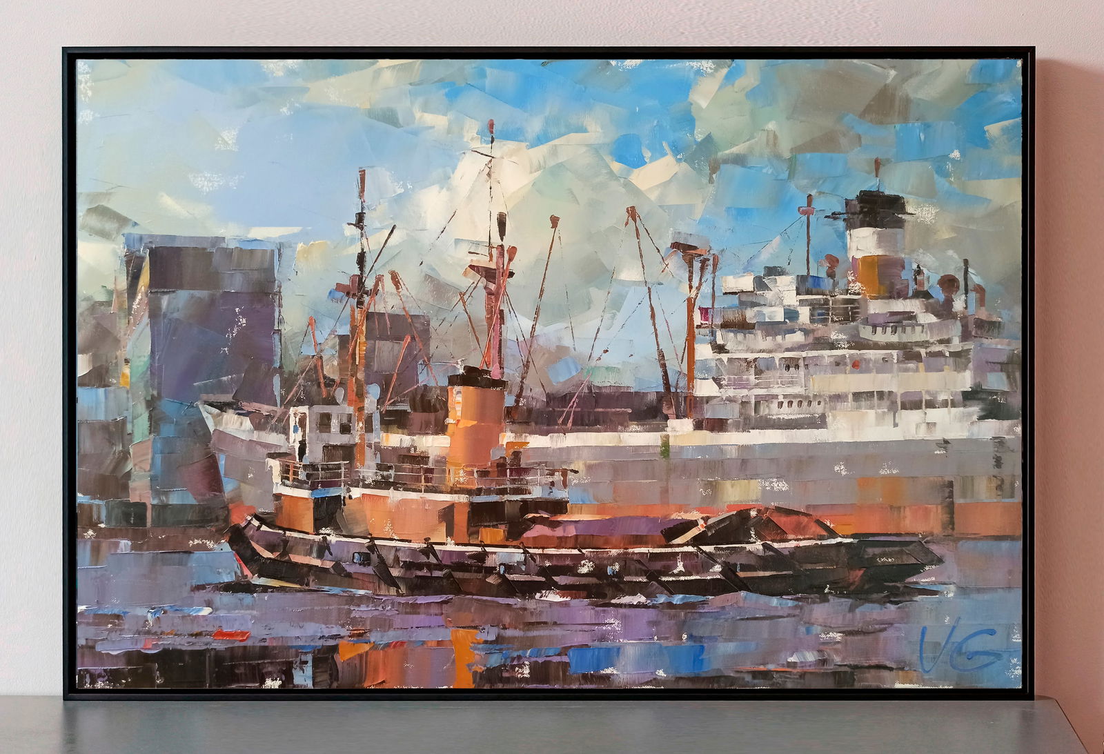 Oil painting Cargo ship and tugboat Volodymyr Gluhomanyuk - 2