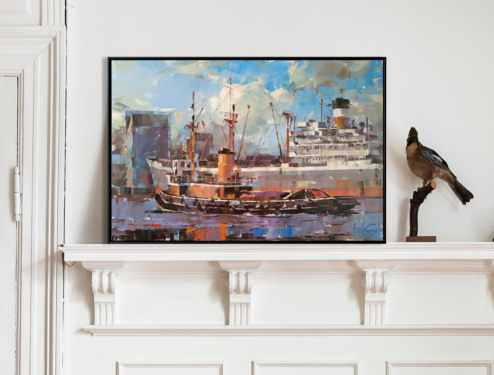 Oil painting Cargo ship and tugboat Volodymyr Gluhomanyuk - 3